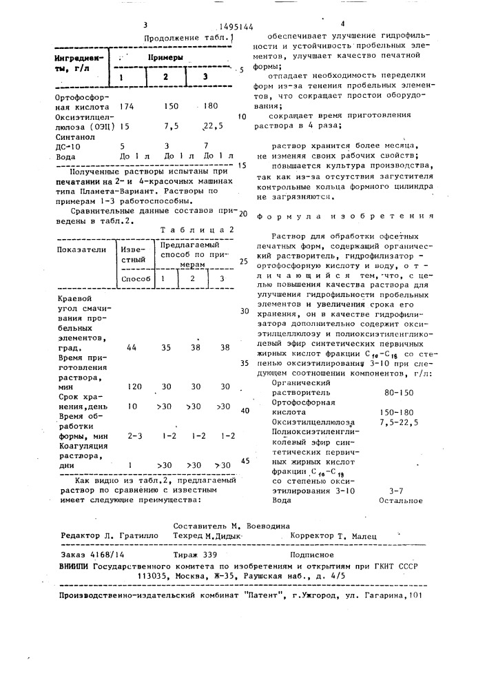 Раствор для обработки офсетных печатных форм (патент 1495144)