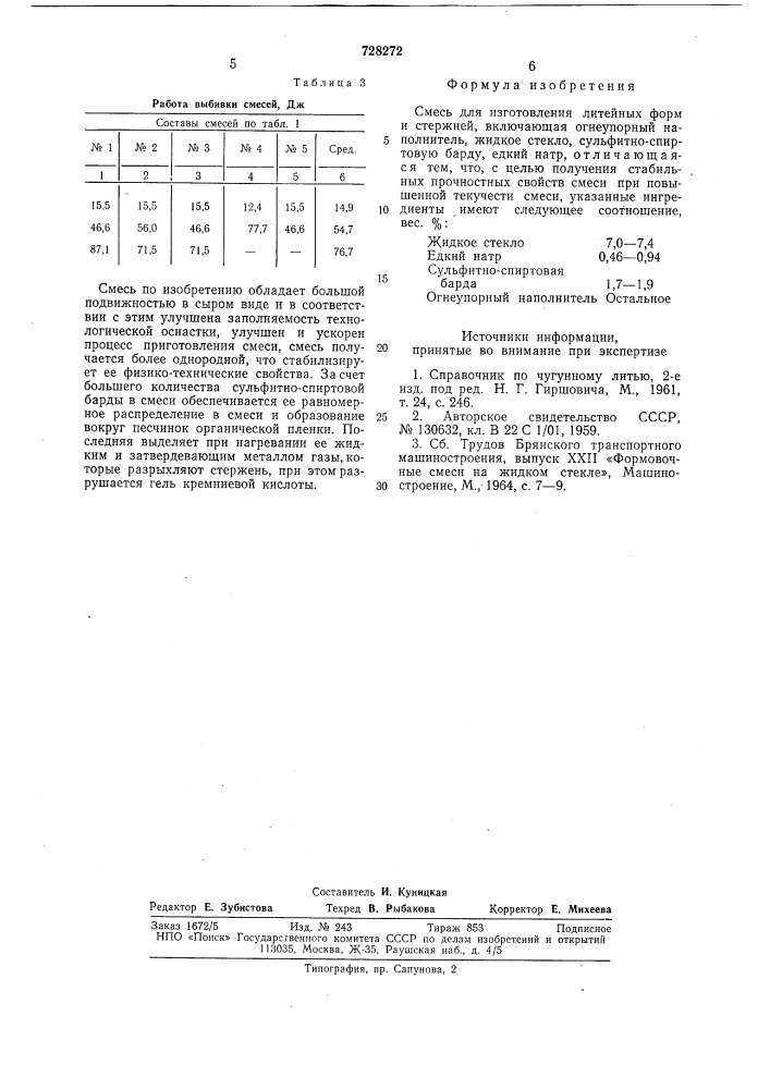 Смесь для изготовления литейных форм и стержней (патент 728272)