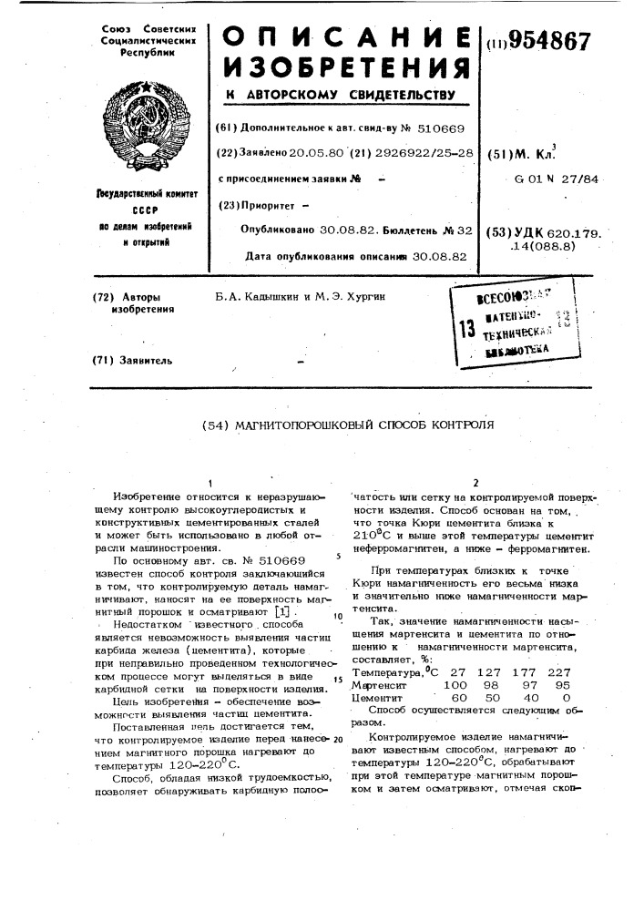 Магнитопорошковый способ контроля (патент 954867)