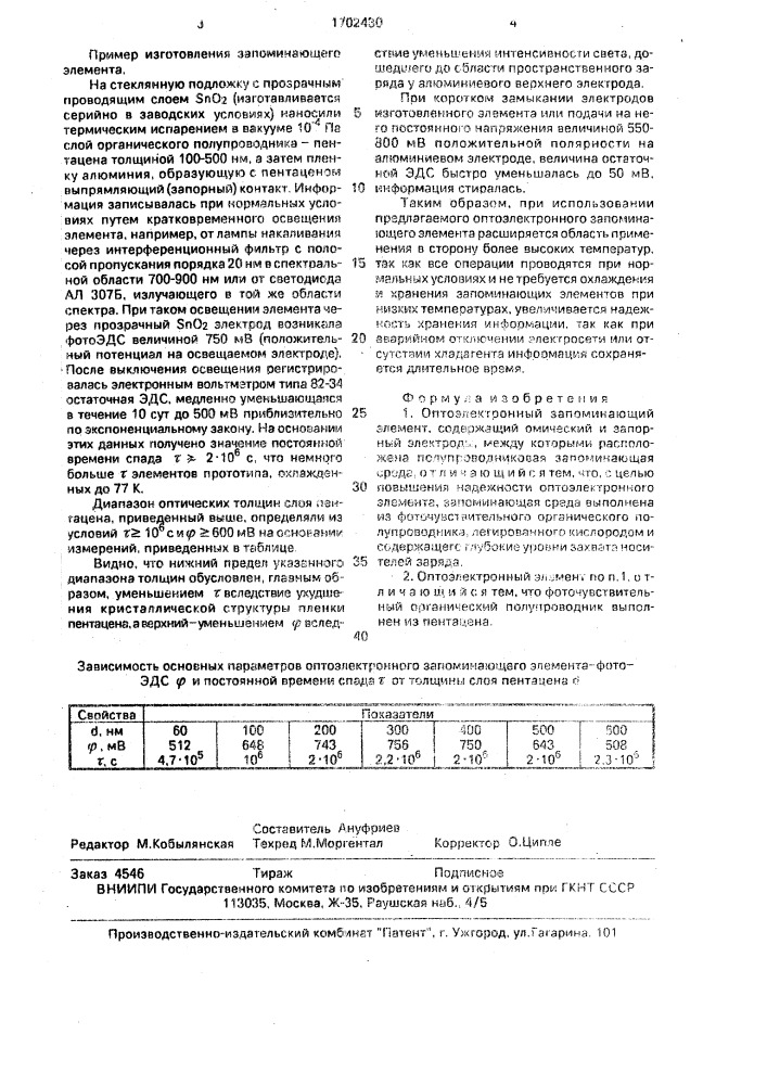 Оптоэлектронный запоминающий элемент (патент 1702430)