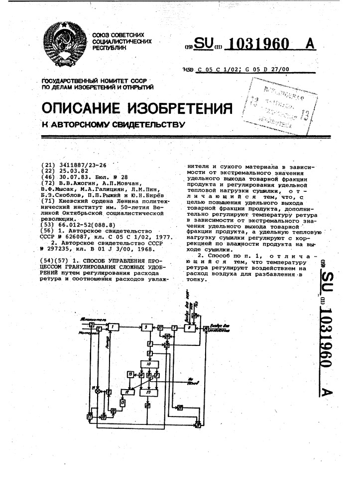 Способ управления процессом гранулирования сложных удобрений (патент 1031960)