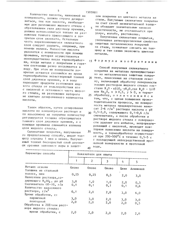 Способ получения силикатного покрытия на металлах (патент 1505981)