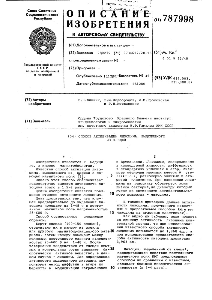 Способ активации лизоцима, выделяемого из клещей (патент 787998)