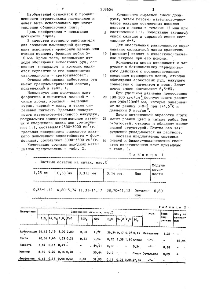 Сырьевая смесь для изготовления силикатных плит (патент 1209654)