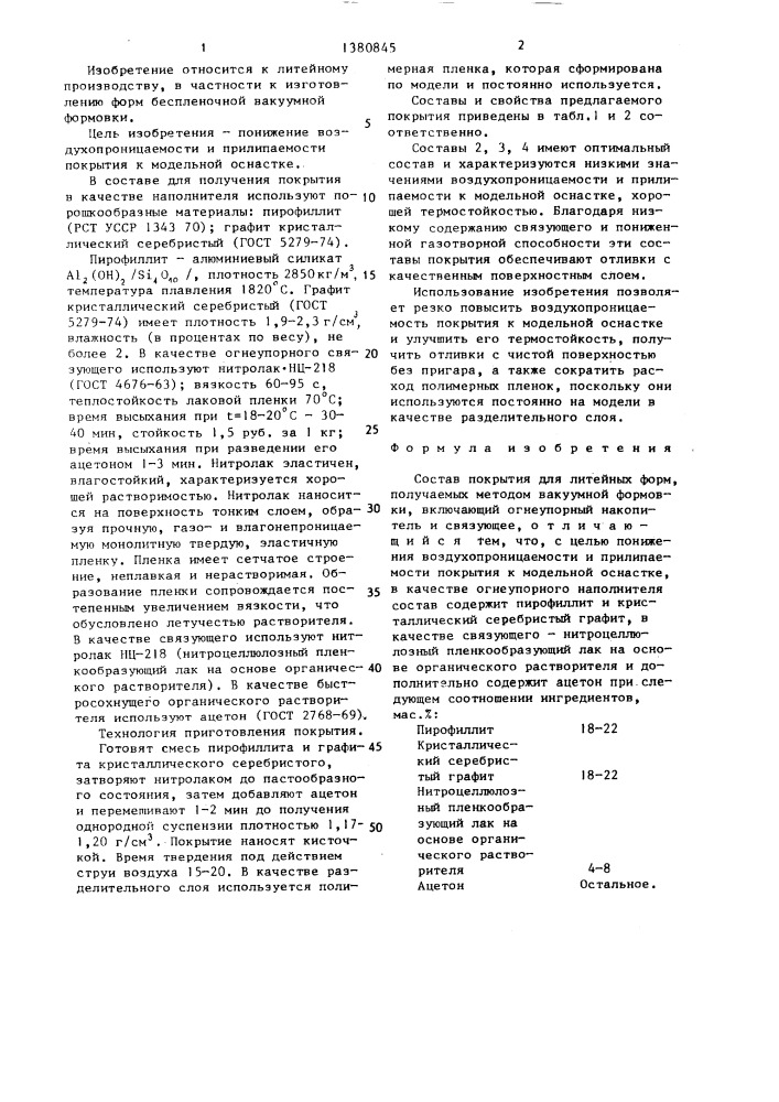 Состав покрытия для литейных форм (патент 1380845)