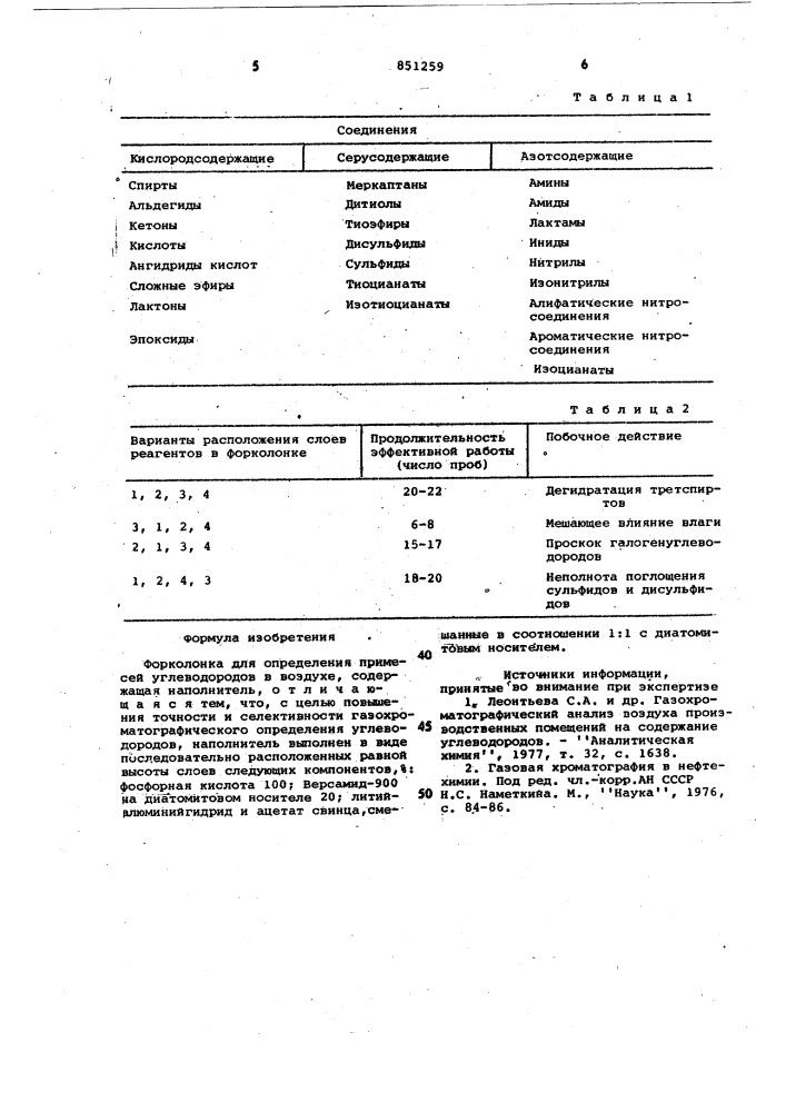 Форколонка для определения примесейуглеводородов b воздухе (патент 851259)