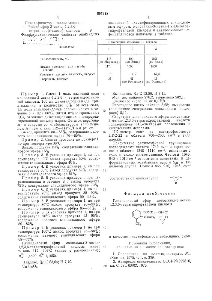 Глицидиловый эфир моноаллил-3метил-1,2,3,6- тетрагидрофталевой кислоты в качестве пластификатора эпоксидных смол (патент 595318)