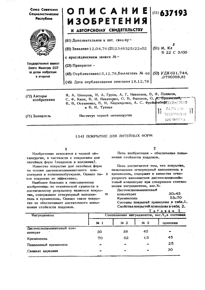 Покрытие для литейных форм (патент 637193)