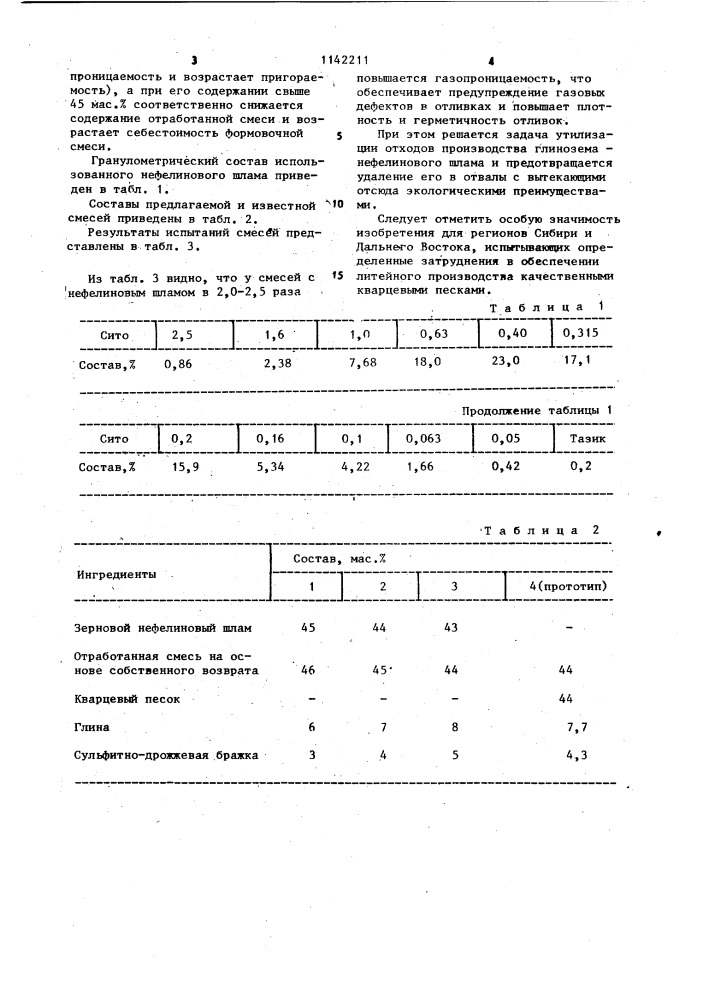 Смесь для изготовления литейных форм (патент 1142211)