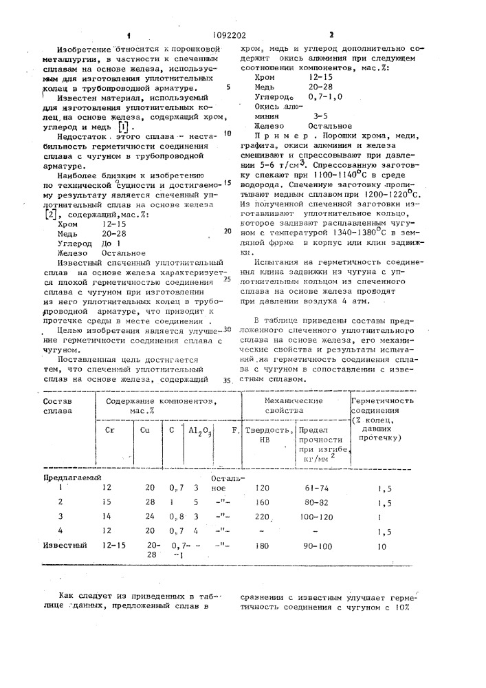 Спеченный уплотнительный сплав на основе железа (патент 1092202)