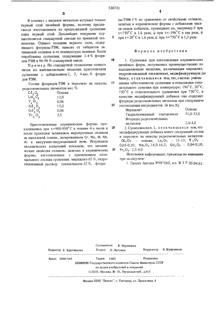 Суспензия для изготовления керамических литейных форм (патент 530731)