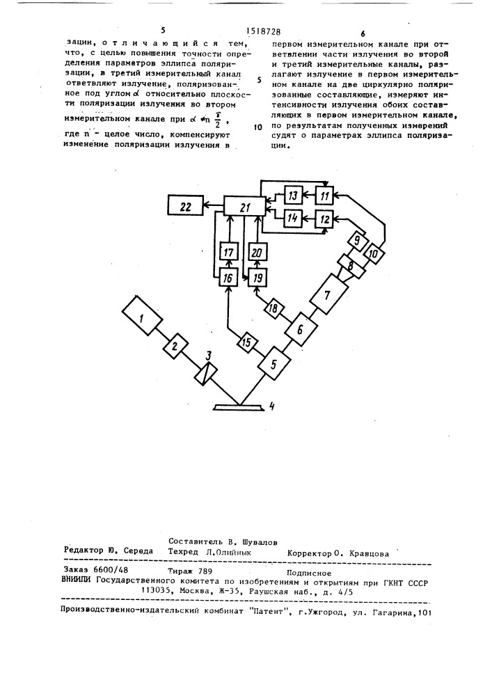 Способ определения параметров элипса поляризации (патент 1518728)