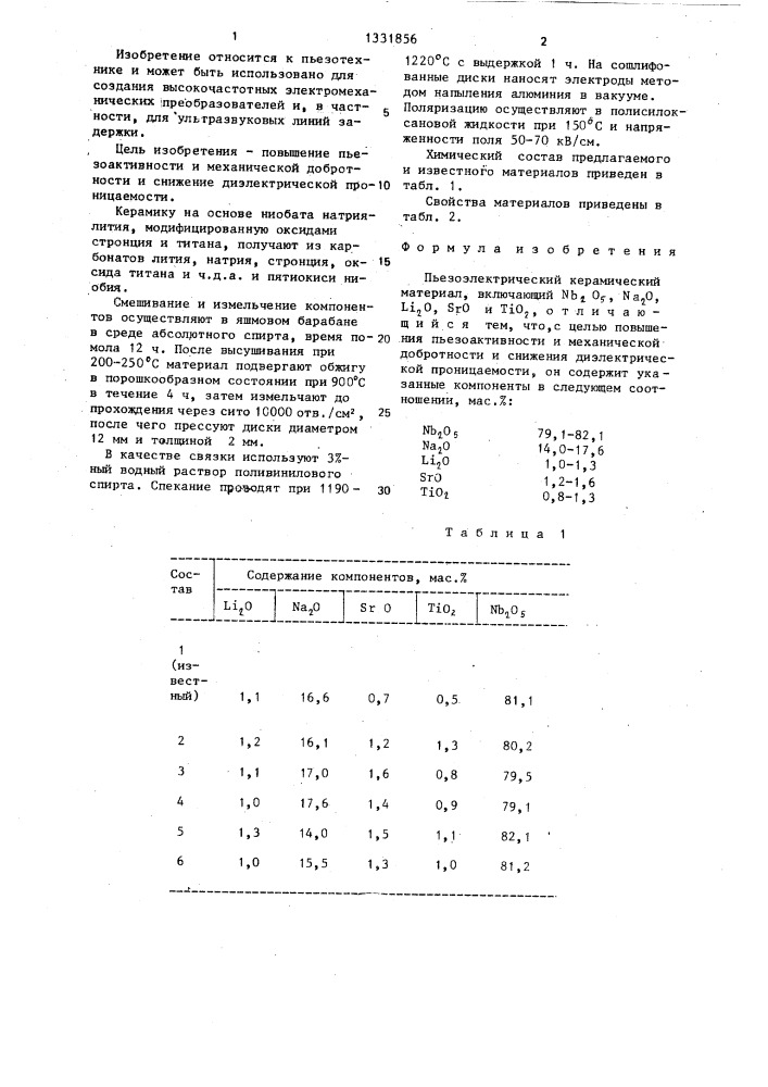 Пьезоэлектрический керамический материал (патент 1331856)