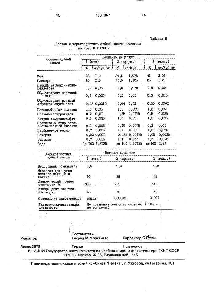 Зубная паста (патент 1837867)