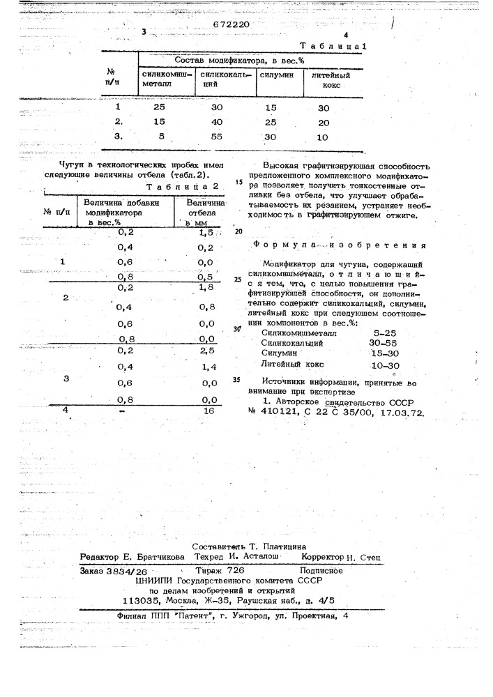 Модификатор для чугуна (патент 672220)