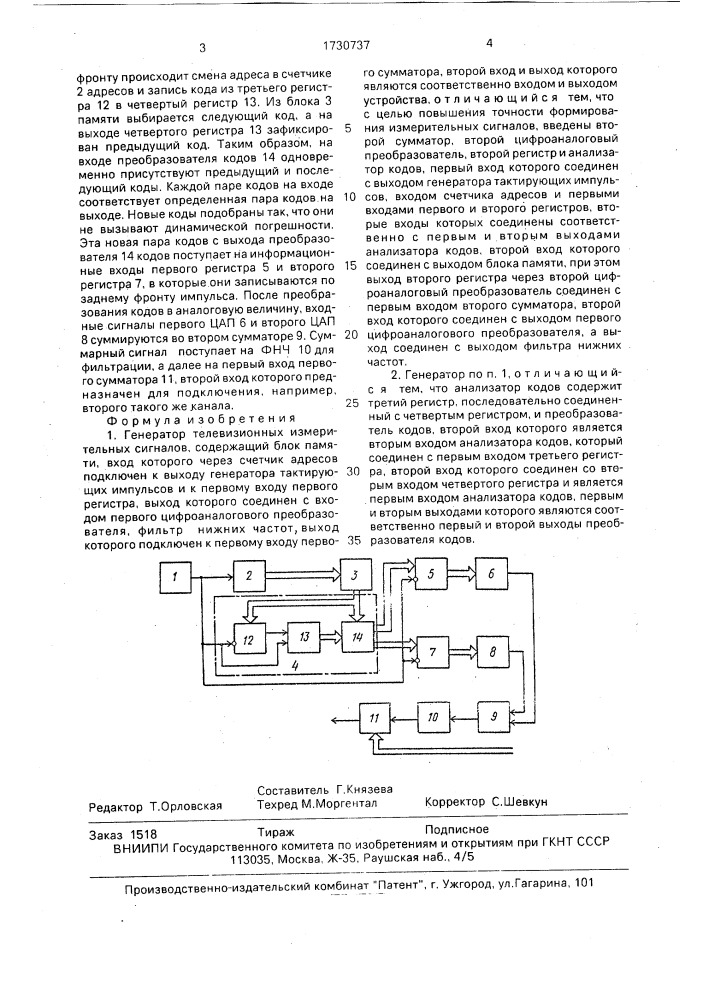 Генератор телевизионнеых измерительных сигналов (патент 1730737)