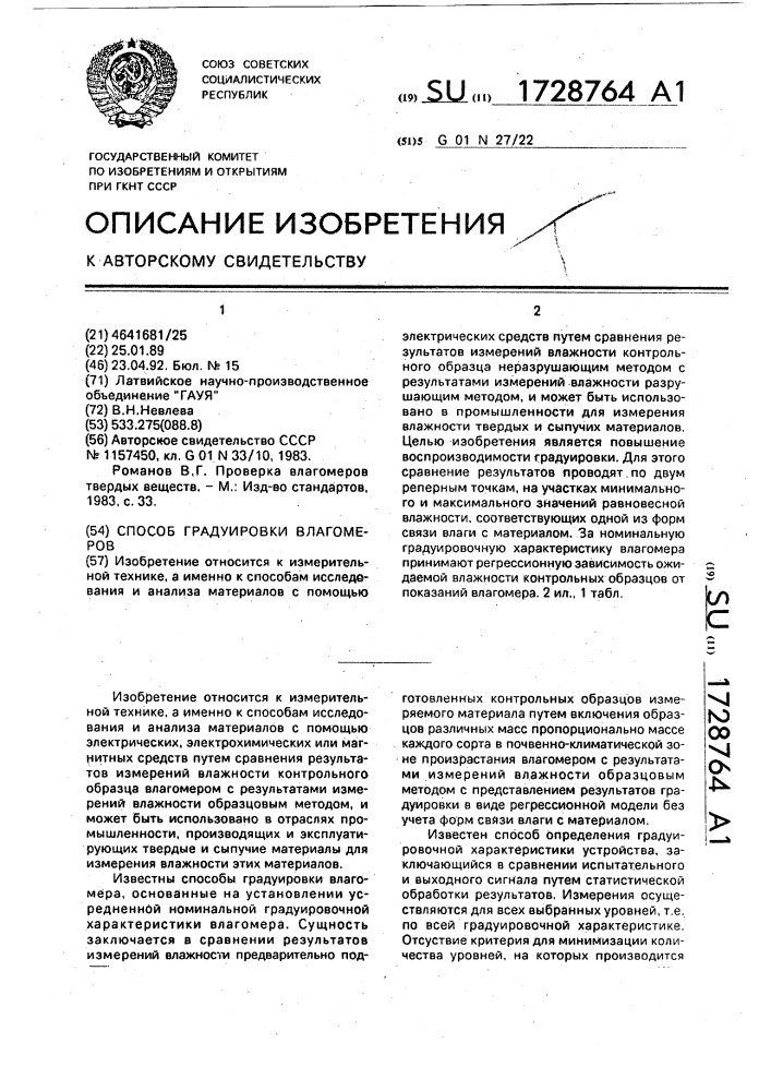 Способ градуировки влагомеров (патент 1728764)