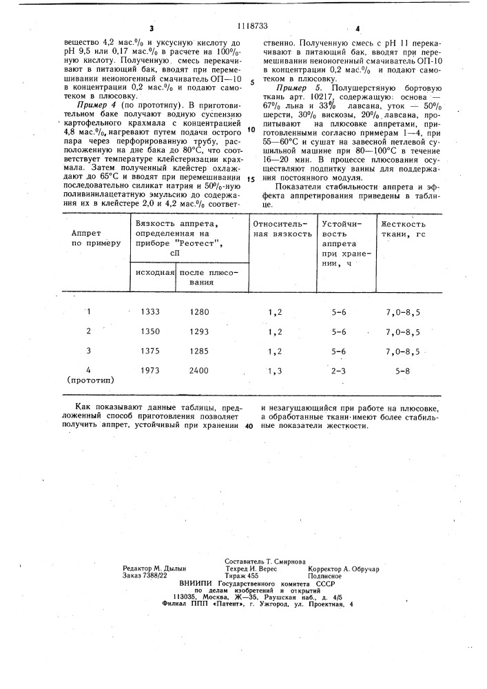 Способ приготовления аппрета для полушерстяной бортовой ткани (патент 1118733)