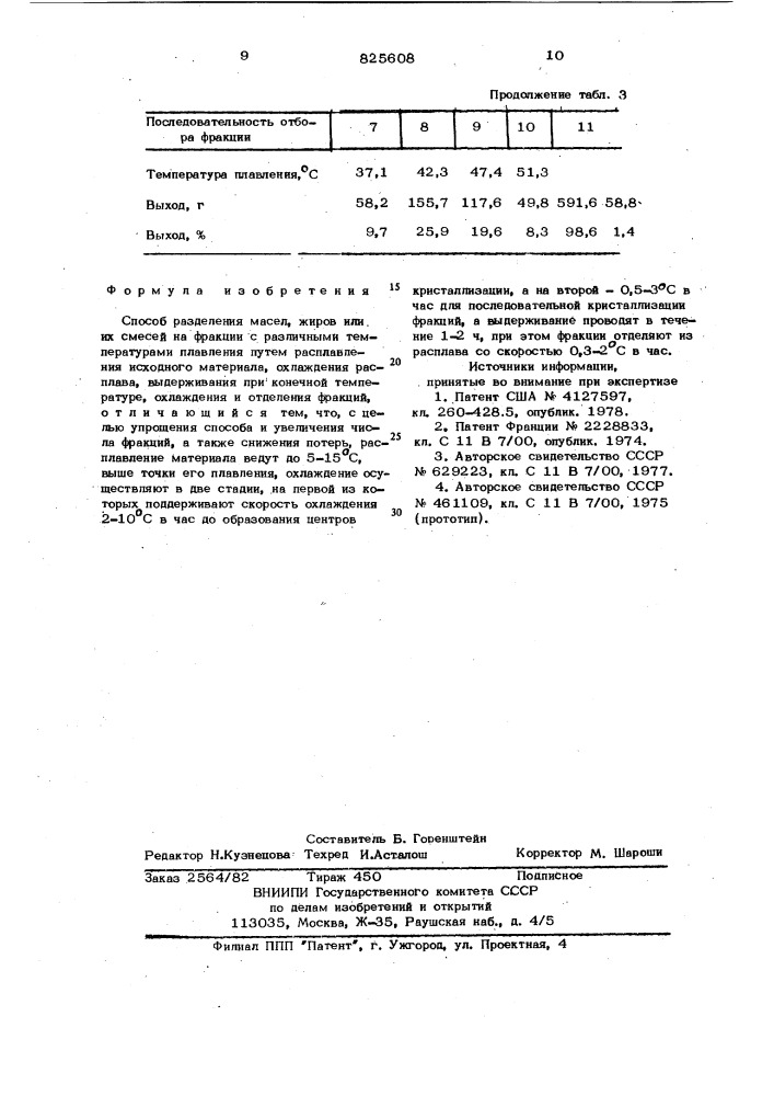 Способ разделения масел, жиров или их смесей на фракции с различными температурами , плавленияto1изобретение относится к способам раз~ целения жиров и масел или их смесей на узкие 4^акции с определенным физико-химическими свойствами, которые могут быть использованы в маргариновой, кондитерской, парфюмерной, консервной и других отраслях промышленности.нативные и модифицированные жиры и масла представляют собой смесь триглицеридов, отличающихся жирнокислотным составом радикалов и глицеридной структурой. соответственно составляющие смесь триглицериды отличаются по физическим свойствам, в частности по температуре плавления, кристаллизации и растворимости. указанные свойства учитываются в различных способах разделения жиров, ма^' сел и их смесей.так, известны способы, где эффект разделения достигаотся, например с помощью органических растворителей, водиых растворов, содержащих поверхностно—активные вещества, а так же с введением некоторых добавок l!^, 1_2] и 13].^5однако вышеуказанные способы разде- •ления основаны на использовании дополяи— тельнь!х материалов: растворителей, поверхностно—активных .веществ, или же веществ, способствующих процессу кристаллизации — все это усложняет и удорожает процесс разделения.наиболее близким к предлагаемому изобретению является способ разделения масел и жцров или их смесей на фракции с различными температурами плавления путем расплавления исходного материала, охлаждения расплава, выдерживания при конечной температуре охлаждения и отделения фракции. поэтому способу расплав охлаждают на 1,5- 2,5 с, ниже темпера— tyf».i его плавления, а выдерживают охлажденную массу в условиях, обеспечивающих появление укрупненных кристаллов наиболее тугоплавких триглицеридов и заканчивается процесс передачей закристаллизованной массы на фильтр, где происходит отделение наиболее тугоплавкой фракции или триглицеридов. (патент 825608)