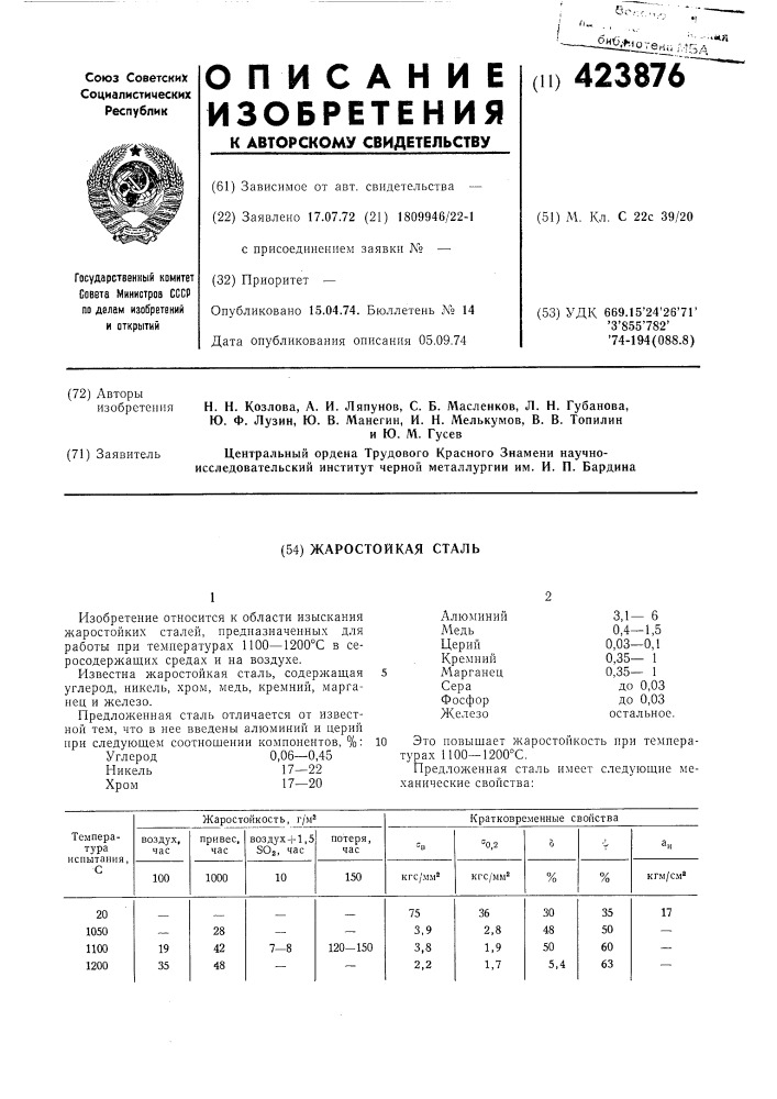 Жаростойкая сталь (патент 423876)
