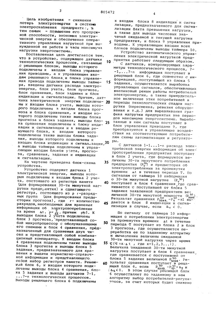 Устройство для автоматического управле-ния электрической нагрузкой предприя-тия (патент 805472)