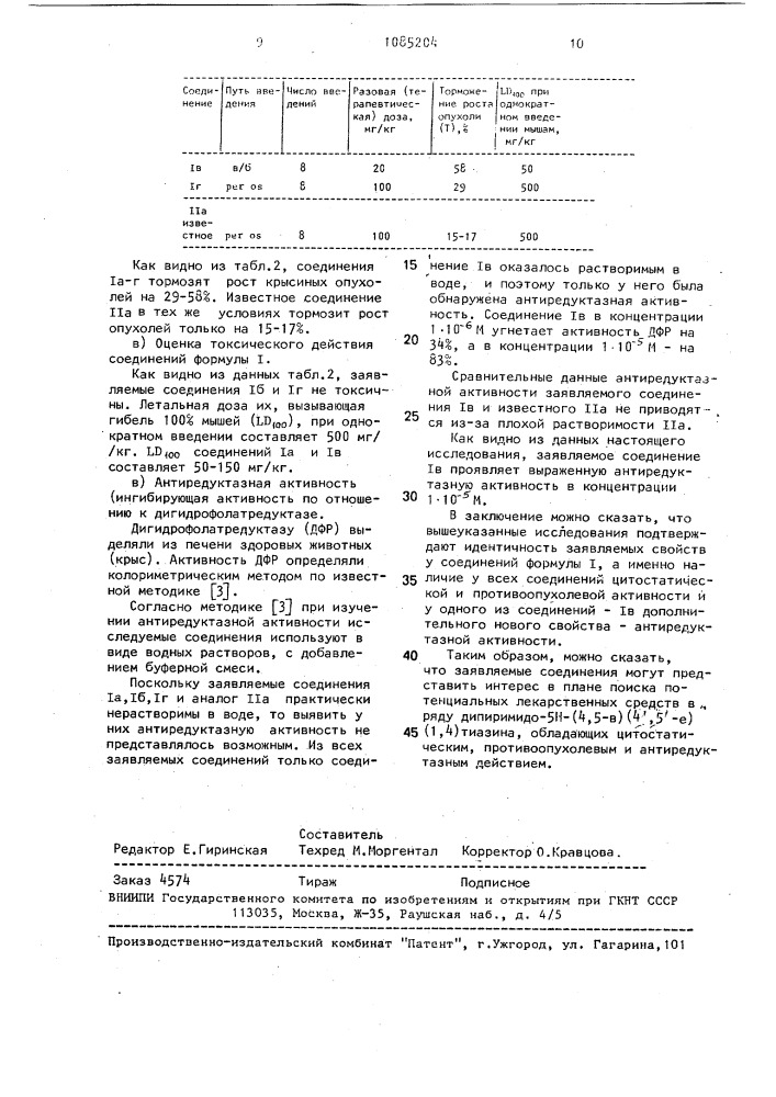 4,9-бис-аминопроизводные дипиримидо-5н-(4,5-в)-(4 @ ,5 @ - @ )-(1,4)тиазина, обладающие цитостатическим противоопухолевым и антиредуктазным действием (патент 1085204)