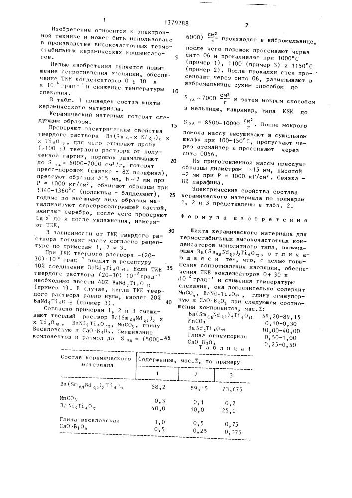 Шихта керамического материала для термостабильных высокочастотных конденсаторов (патент 1379288)