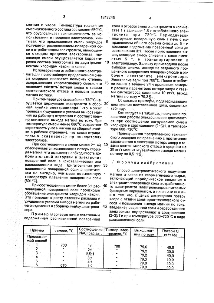 Способ электролитического получения магния и хлора из хлормагниевого сырья (патент 1812245)