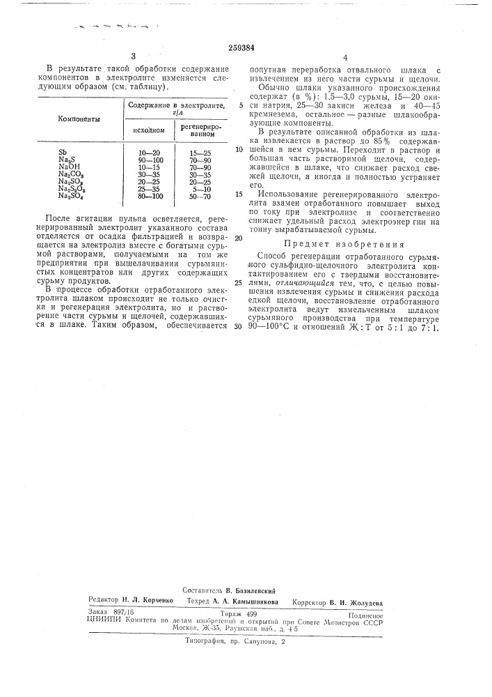 Способ регенерации отработанпого сурьмяного сульфидно- щелочного электролита (патент 259384)