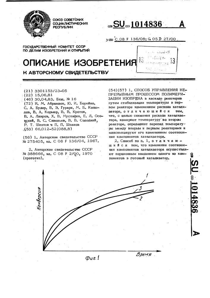 Способ управления непрерывным процессом полимеризации изопрена (патент 1014836)