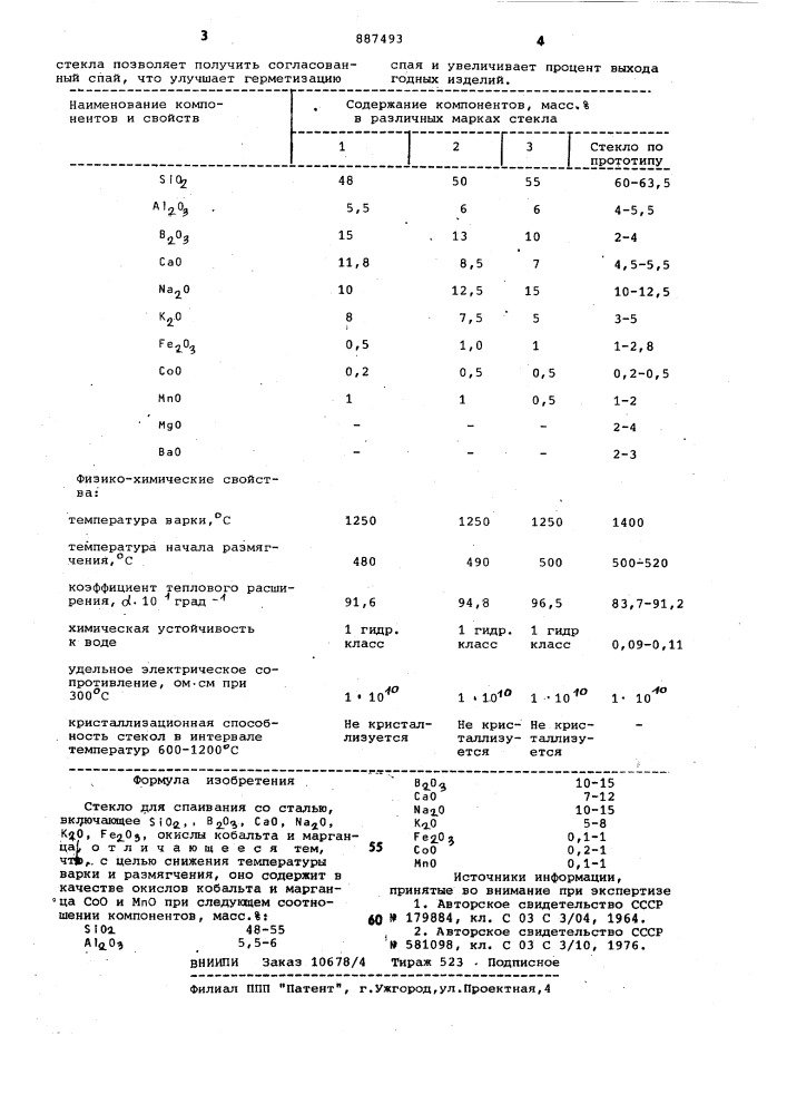 Стекло для спаивания со сталью (патент 887493)