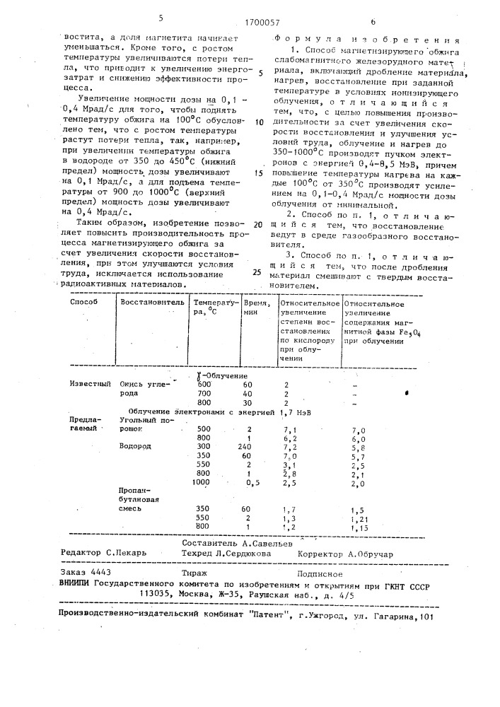 Способ магнетизирующего обжига слабомагнитного железорудного материала (патент 1700057)