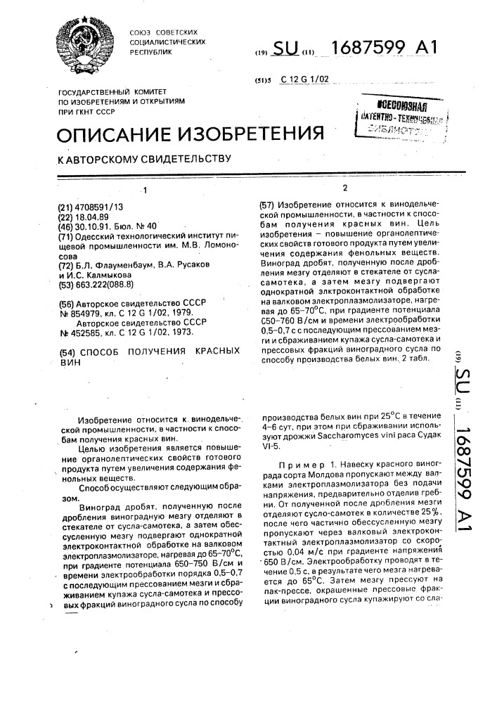Способ получения красных вин (патент 1687599)