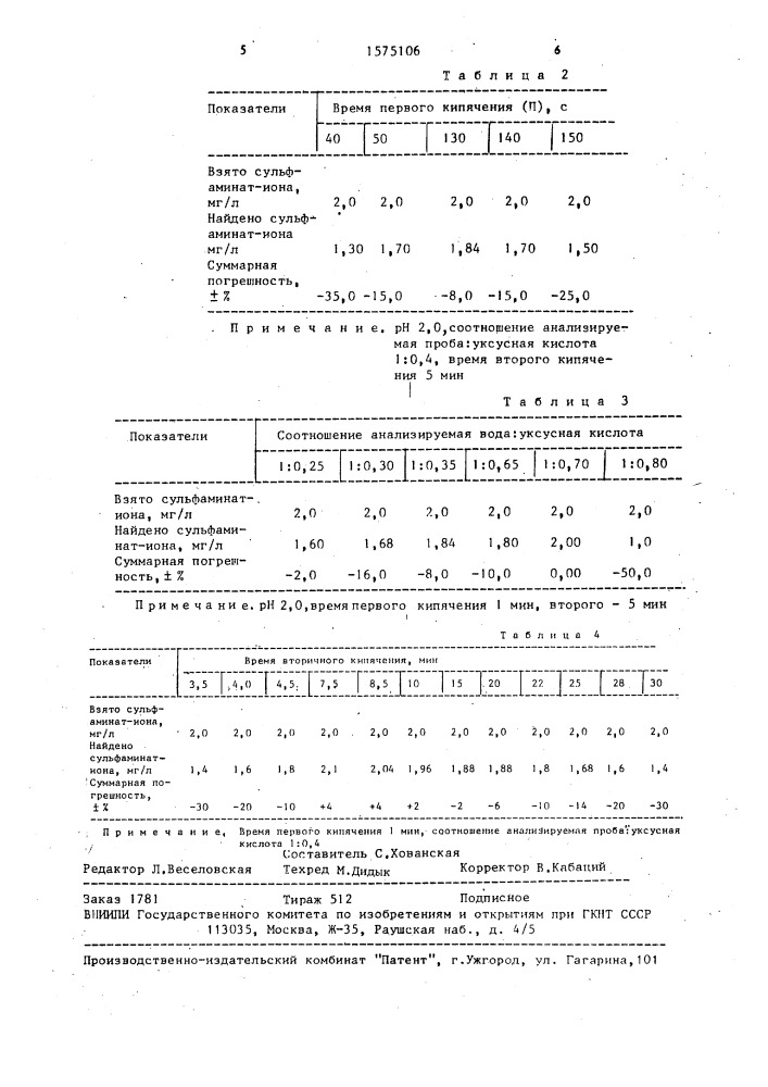 Способ количественного определения сульфаминат-иона в воде (патент 1575106)