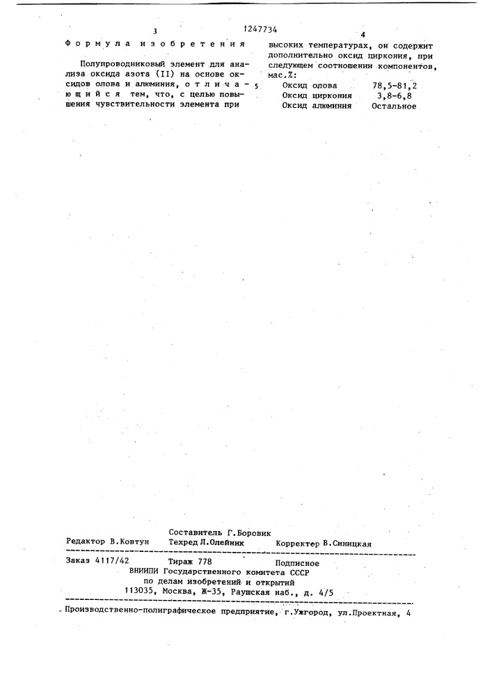 Полупроводниковый элемент для анализа оксида азота (п) (патент 1247734)