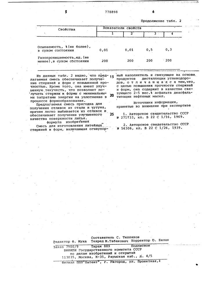 Смесь для изготовления литейных стержней и форм (патент 778898)