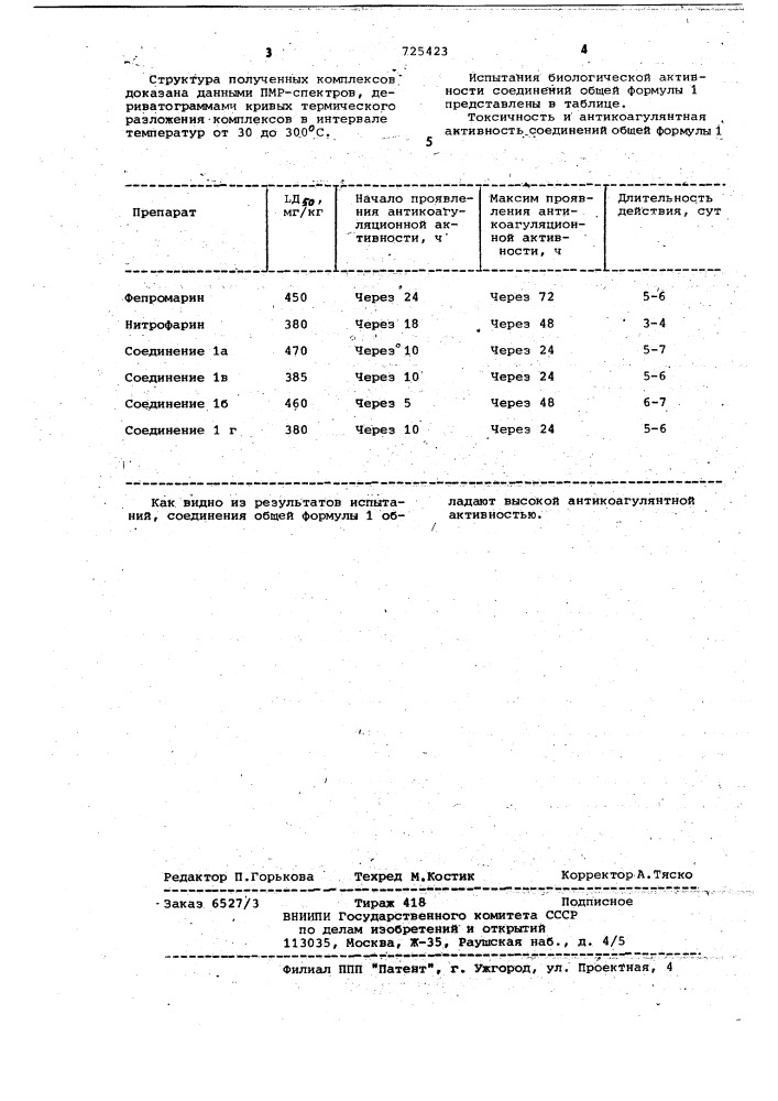 Спиртовые комплексы производных 4-оксикумарина, проявляющие антикоагулятрные свойствами (патент 725423)