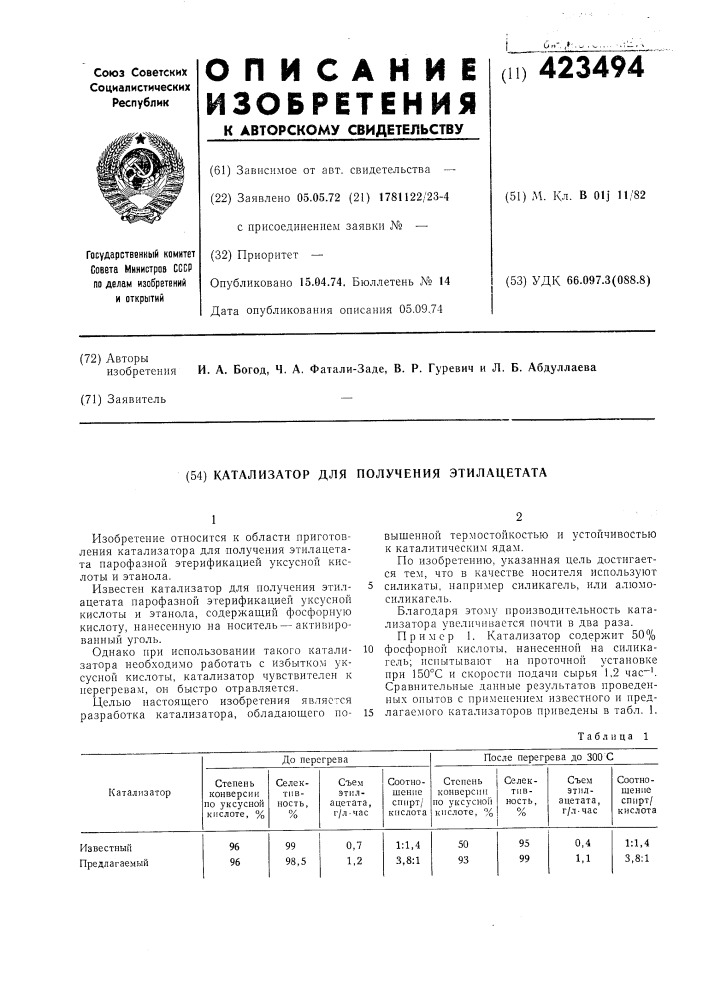 Катализатор для получения этилацетата (патент 423494)