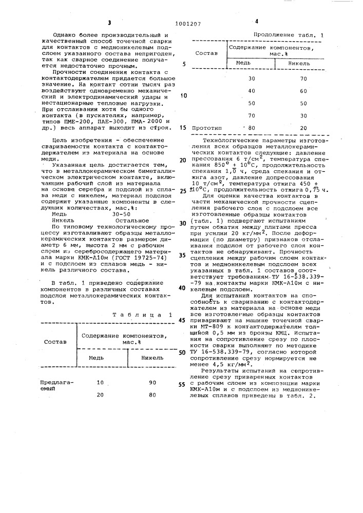 Металлокерамический биметаллический электрический контакт (патент 1001207)