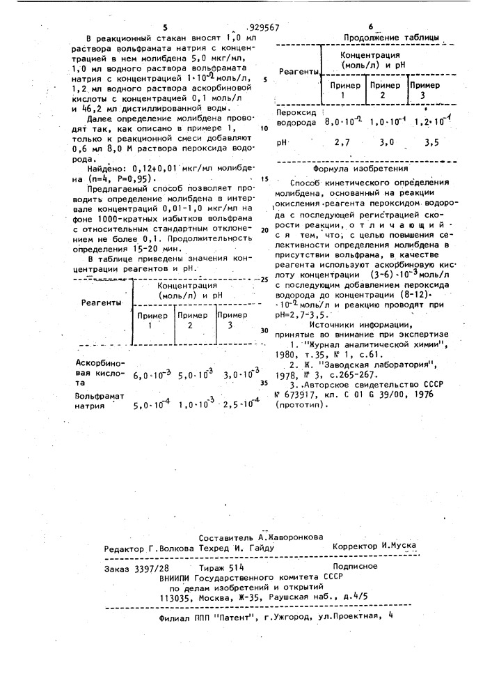 Способ кинетического определения молибдена (патент 929567)