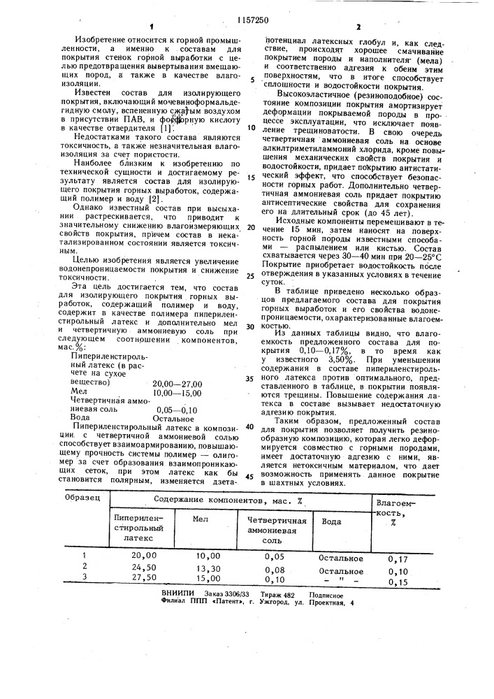 Состав для изолирующего покрытия горных выработок (патент 1157250)