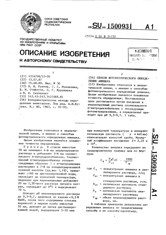 Способ фотометрического определения аммиака (патент 1500931)