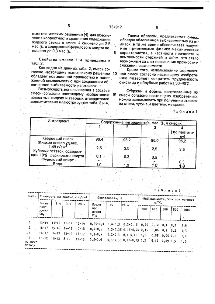 Смесь для изготовления литейных стержней и форм (патент 734912)