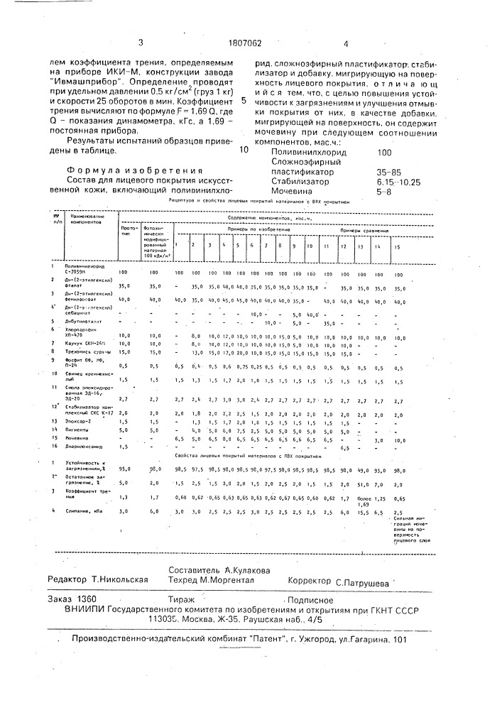 Состав для лицевого покрытия искусственной кожи (патент 1807062)