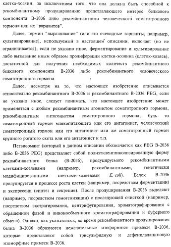 Способ получения соматотропного гормона со сниженным содержанием агрегата его изоформ, способ получения антагониста соматотропного гормона со сниженным содержанием агрегата его изоформ и общим суммарным содержанием трисульфидной примеси и/или дефенилаланиновой примеси (патент 2368619)