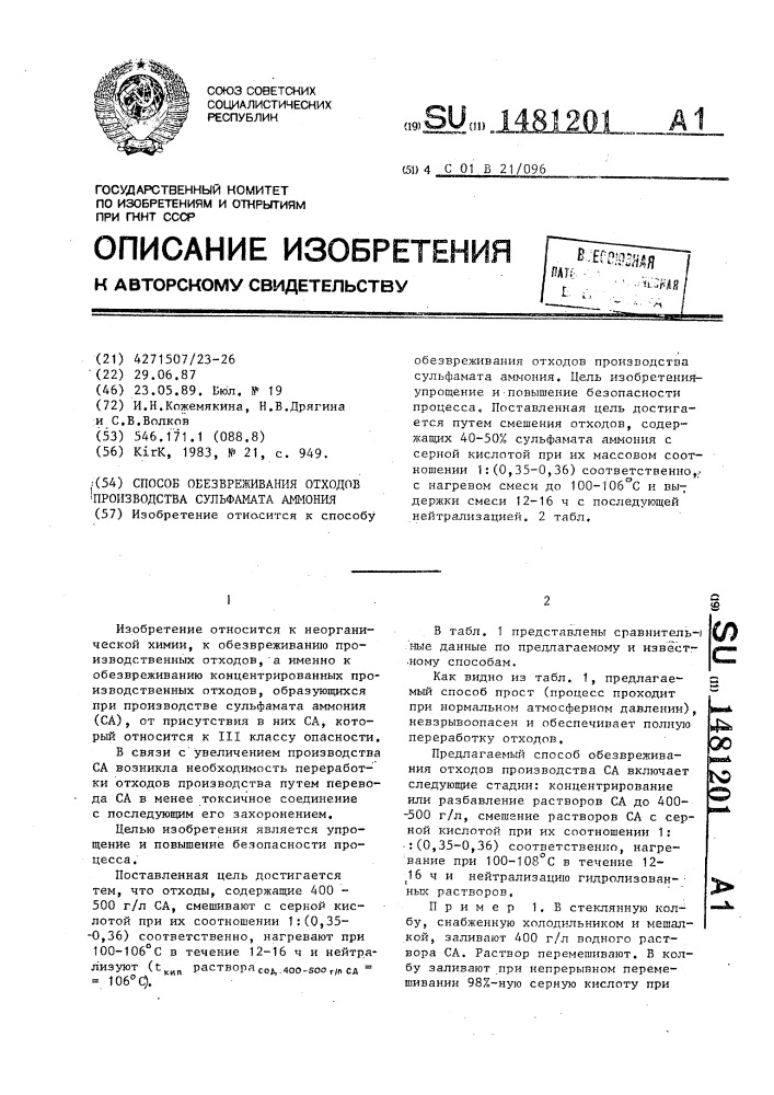 Способ обезвреживания отходов производства сульфамата аммония (патент 1481201)