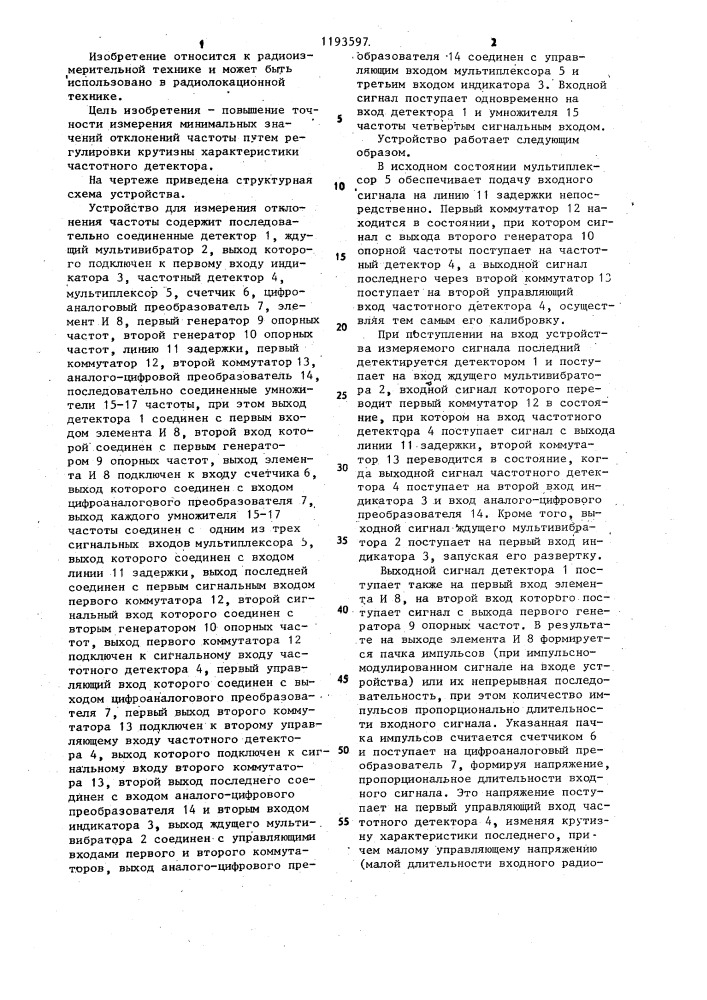 Устройство для измерения отклонения частоты (патент 1193597)