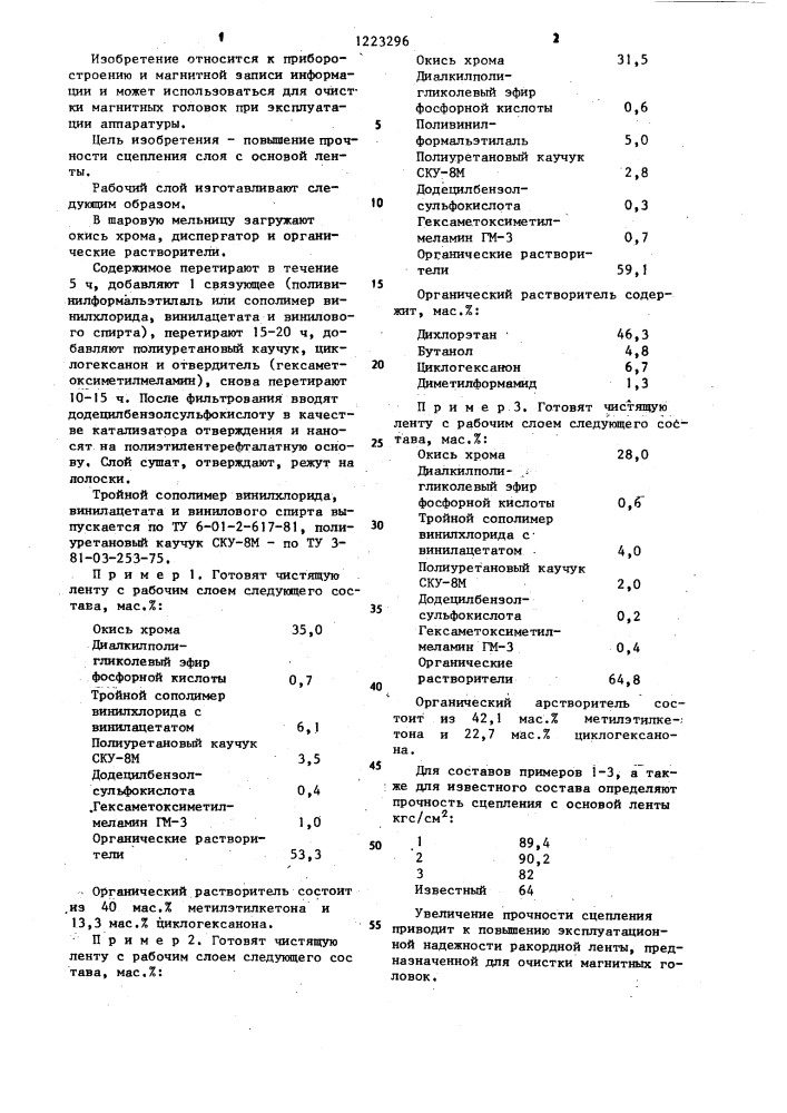 Состав для рабочего слоя ракордной чистящей ленты (патент 1223296)