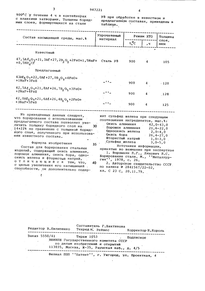 Состав для борирования стальных изделий (патент 947221)