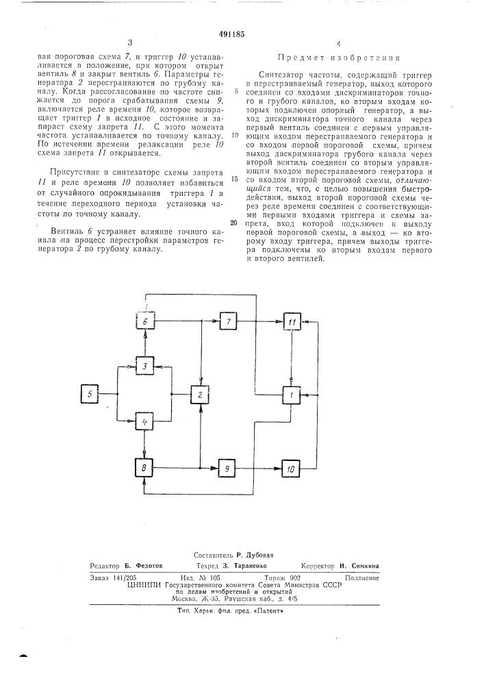 Синтезатор частоты (патент 491185)